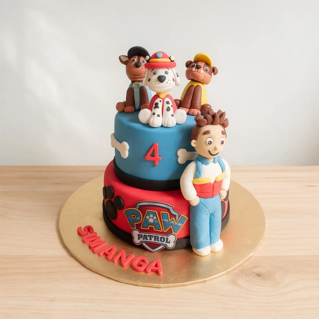 Two-tier cake with Paw Patrol characters and number 4 in blue and red fondant