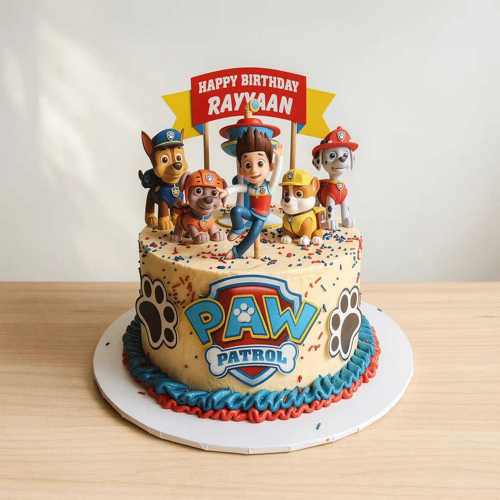 Round birthday cake with Paw Patrol characters and red, blue sprinkles