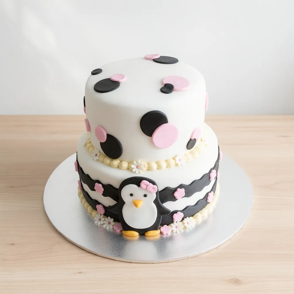 Two-tier white fondant cake with pink and black polka dots and a cute penguin decoration with pink bow