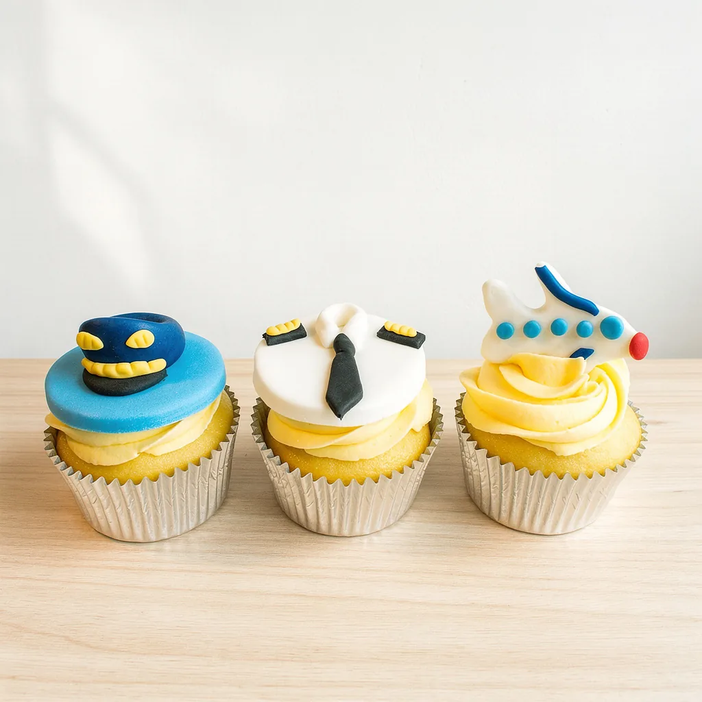Three vanilla cupcakes topped with pilot hat, pilot uniform shirt, and airplane decorations