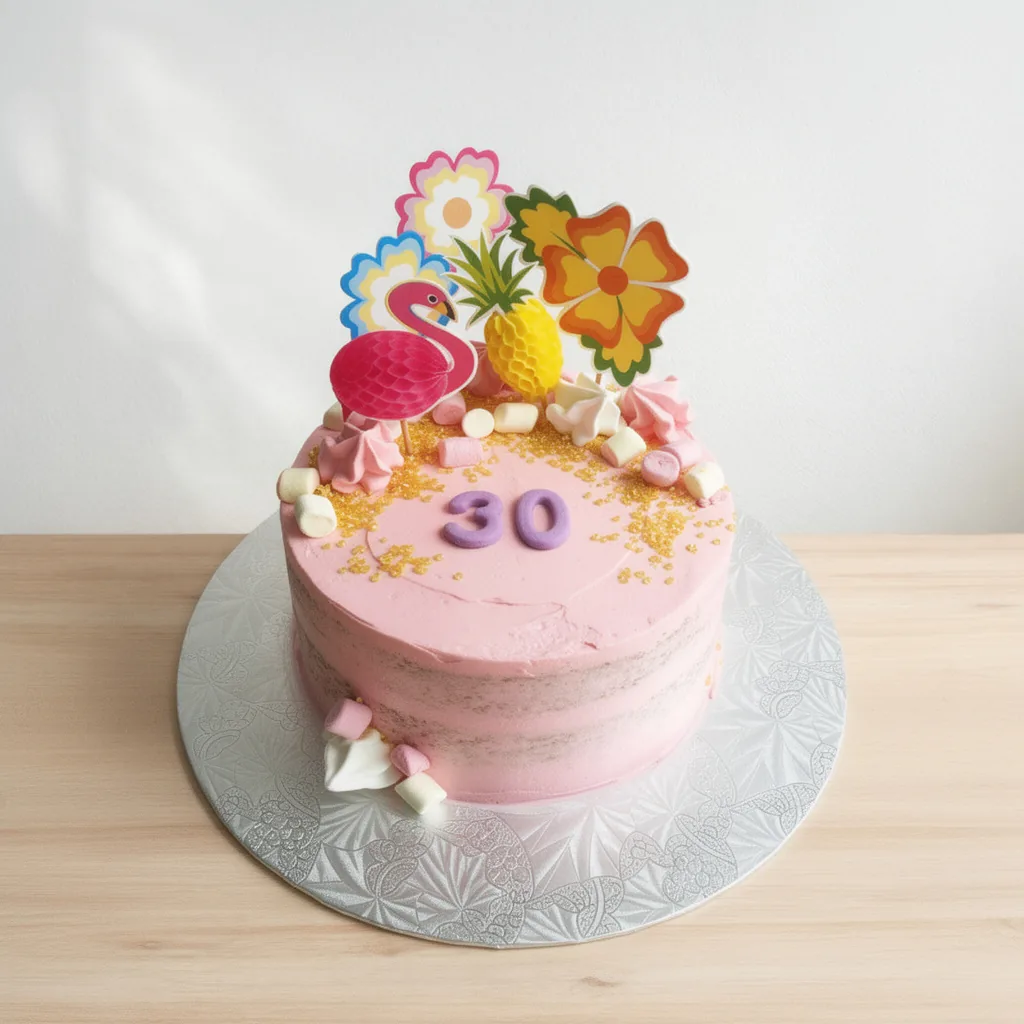 Pink layered cake with '30' on top, decorated with flamingo, pineapple, and colorful flower toppers