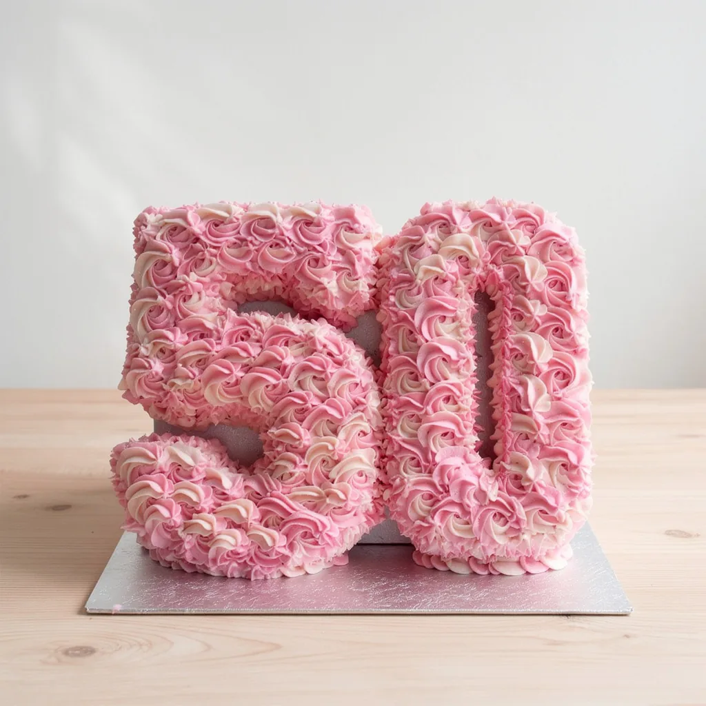 Number 50 cake decorated with pink and white swirled rosette frosting