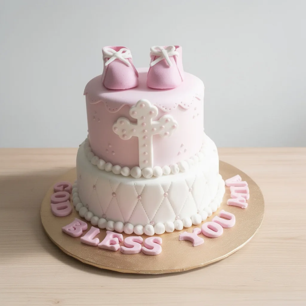 Two-tier pink and white cake with quilted pattern, cross decoration, and pink baby shoes on top