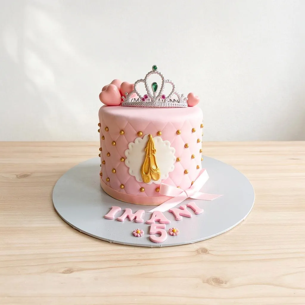 Pink round cake decorated with gold ballet shoes, a tiara, and hearts
