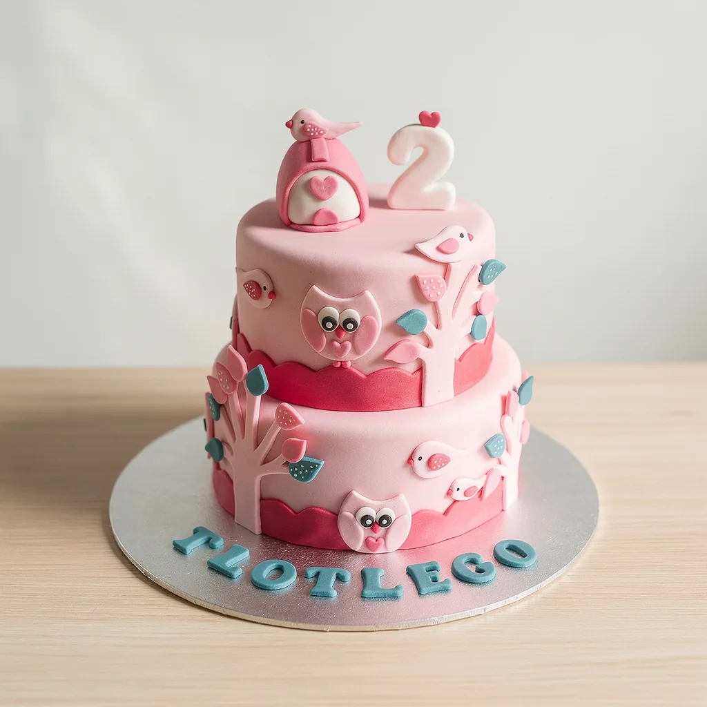Two-tier pink birthday cake with birdhouse, owls, trees, and number 2 topper