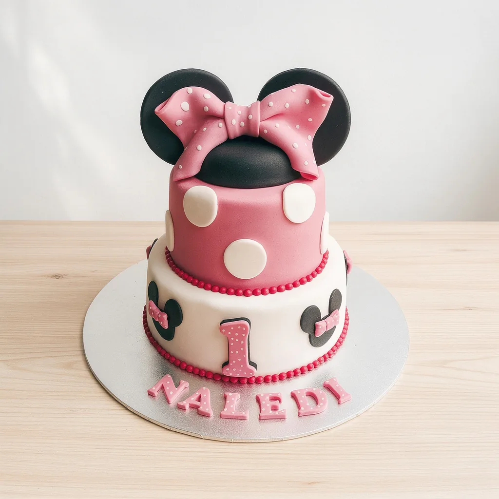 Two-tier cake with black mouse ears, pink bow, white and pink polka dots, and number one on front