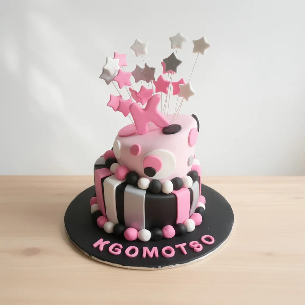 Two-tier pink, black, white and grey birthday cake with star decorations and letter K topper