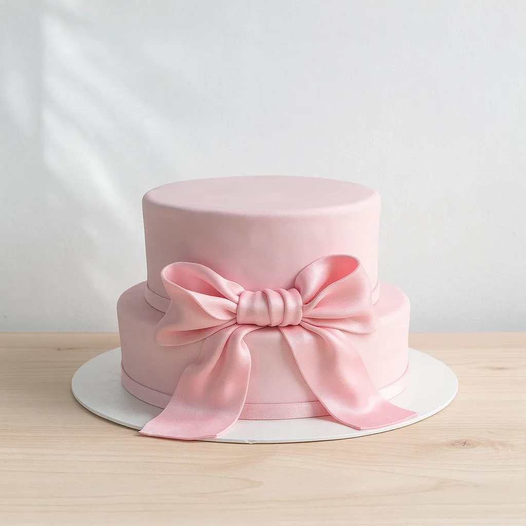 Two-tier pink cake with smooth fondant and a large satin pink bow decoration