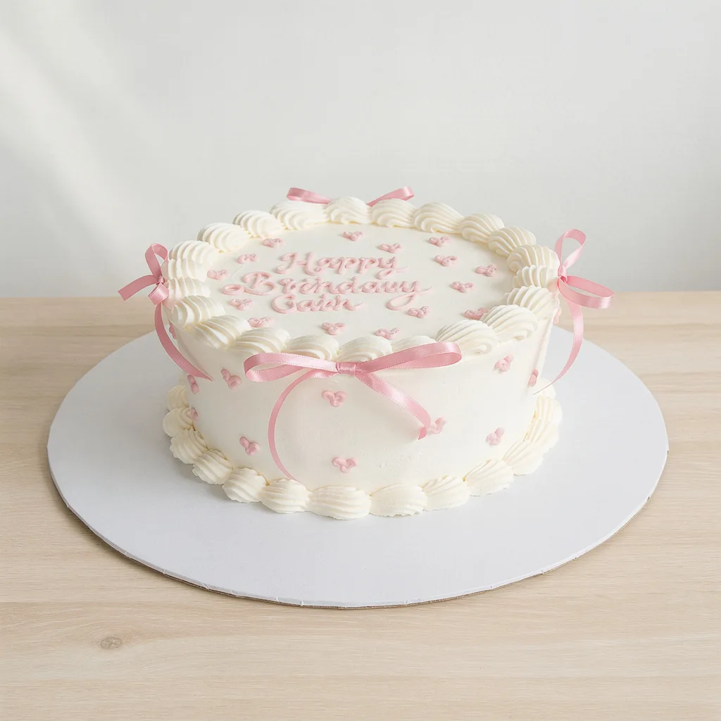 Round white frosted birthday cake decorated with pink bows and piped rosettes