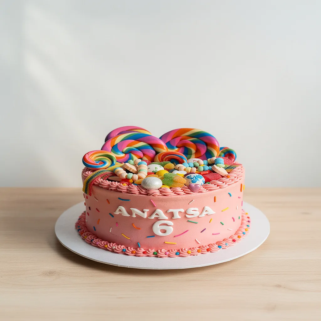 Round pink cake decorated with colorful candy and sprinkles
