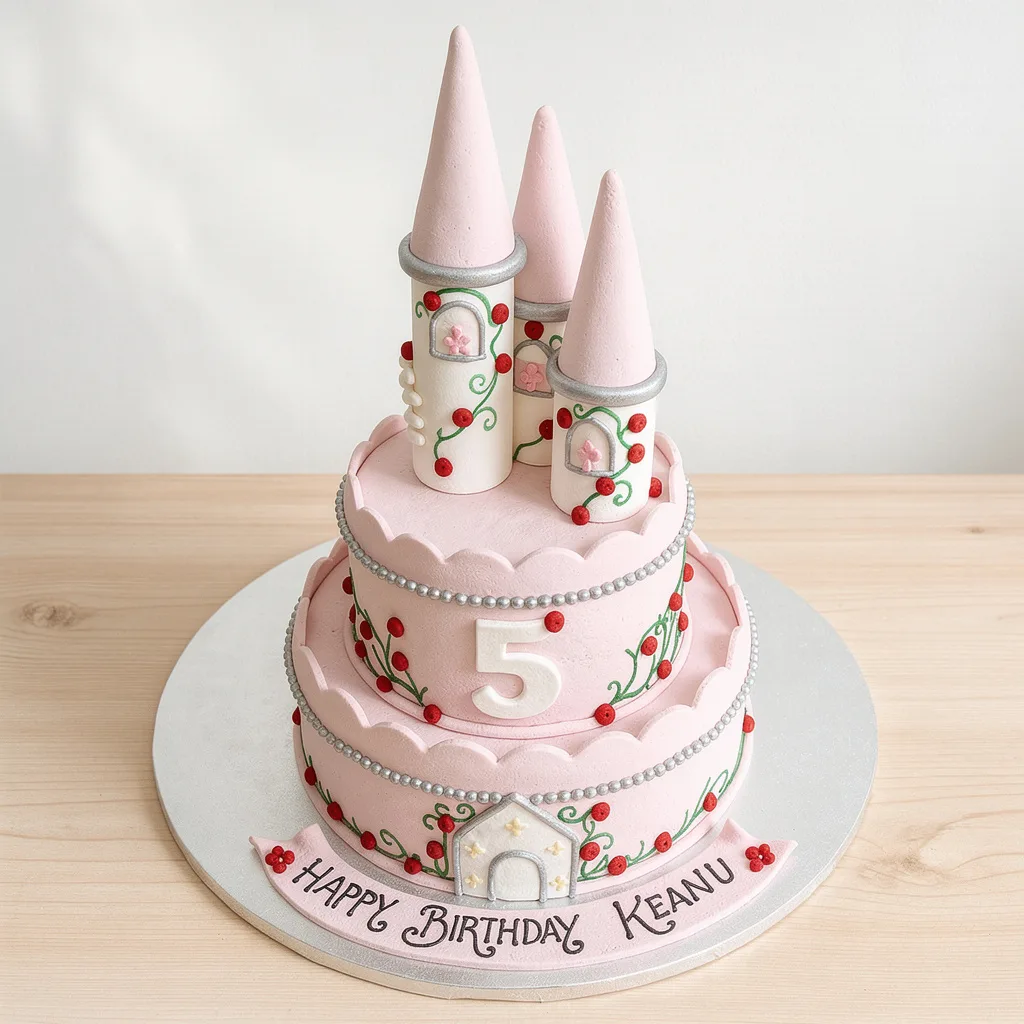 Two-tier pink castle cake with three tall towers, red berries, and silver bead borders