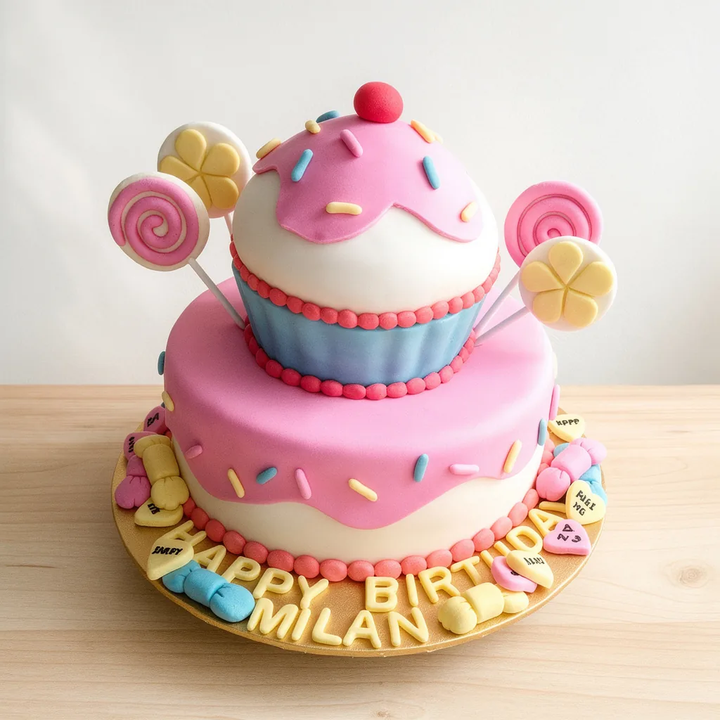 Two-tier cake with pink icing, blue cupcake design on top, and candy decorations including lollipops