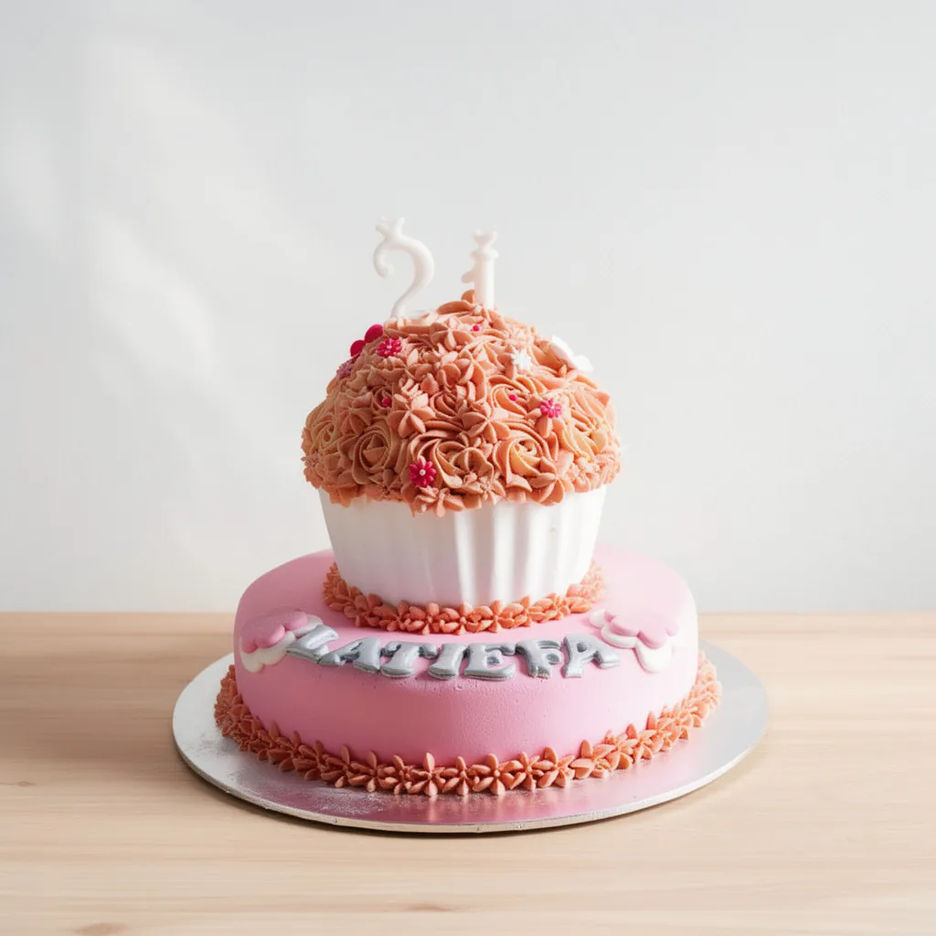 Two-tier pink cake with cupcake top tier decorated with peach buttercream flowers and small purple flowers