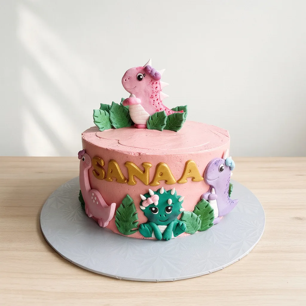 Round pink cake decorated with cute colorful baby dinosaurs and green leaves