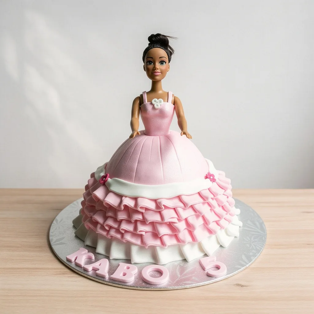 Cake designed as a doll in a pink and white ruffled dress with floral details