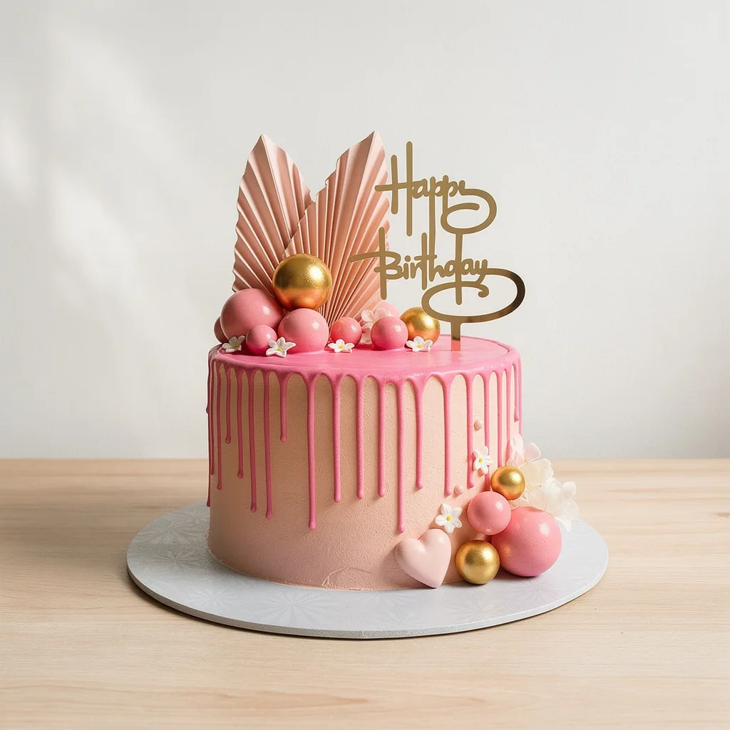 Round pink birthday cake with dripping icing, gold and pink spheres, white flowers, and a gold Happy Birthday topper