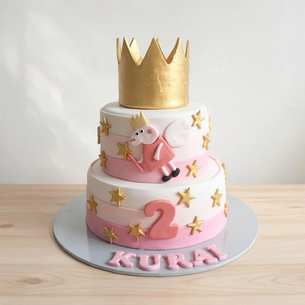 Two-tier pink and white cake with gold stars, a gold crown topper, and a fairy figure holding a star wand
