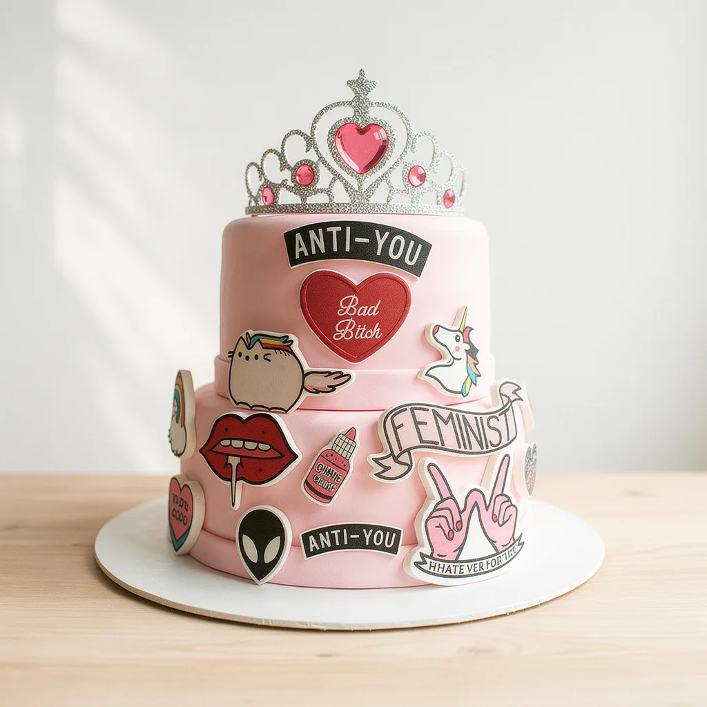Two-tier pink cake decorated with feminist and pop art patches and a silver crown on top