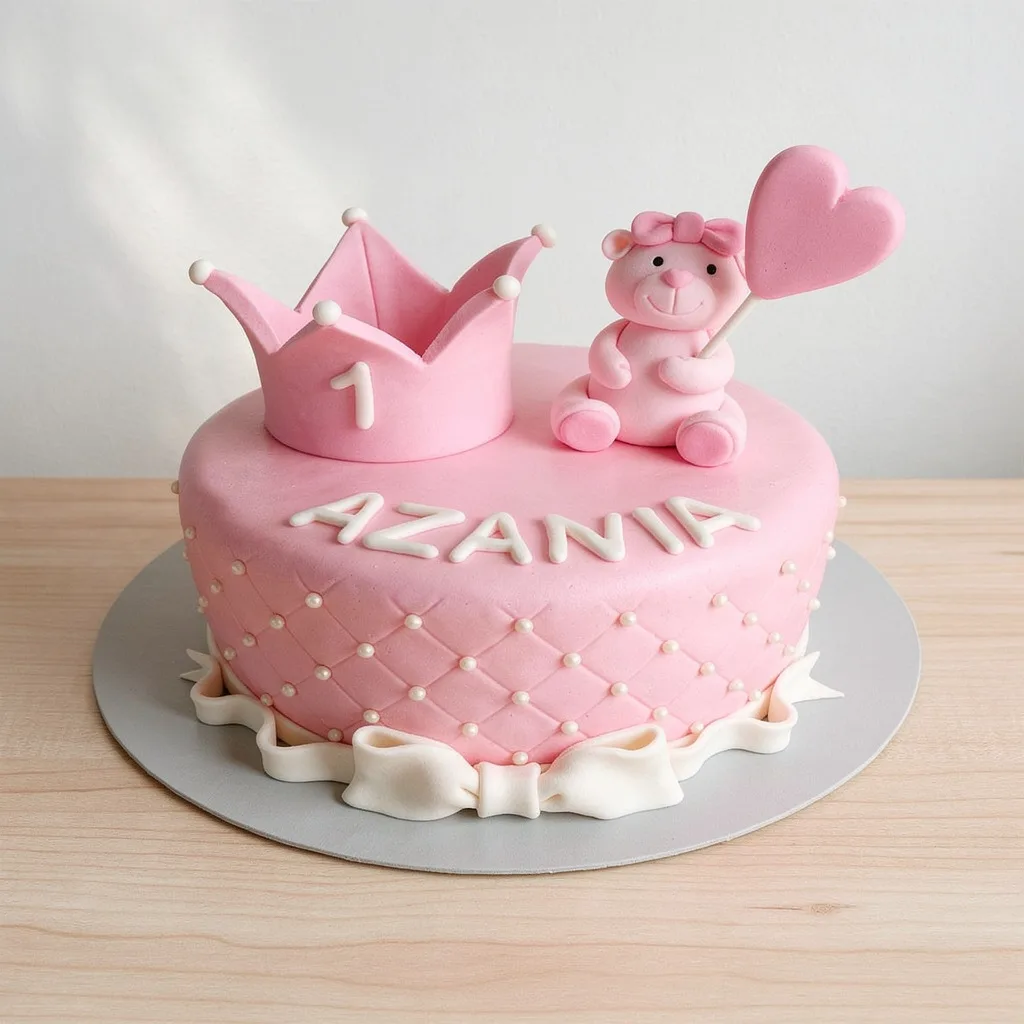 Pink fondant cake with a crown, teddy bear holding a heart, and white bow decoration