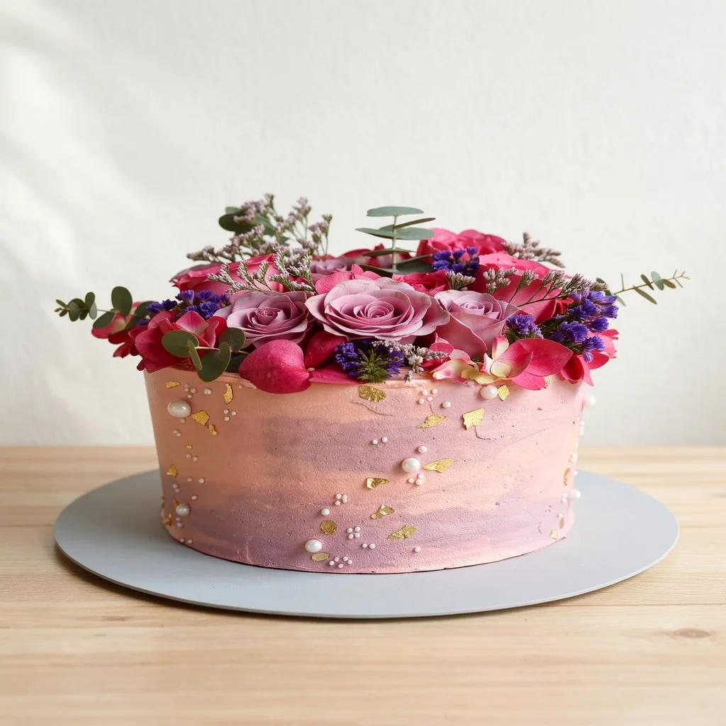 Round pink frosted cake decorated with fresh purple and pink roses, small purple and pink flowers, greenery, and gold leaf…