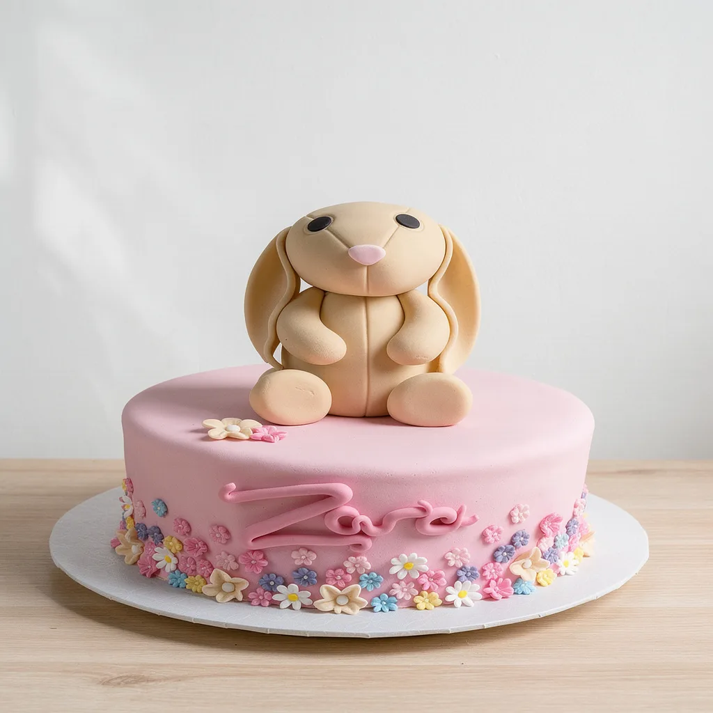 Pink round cake with small colorful flowers and a beige fondant bunny on top
