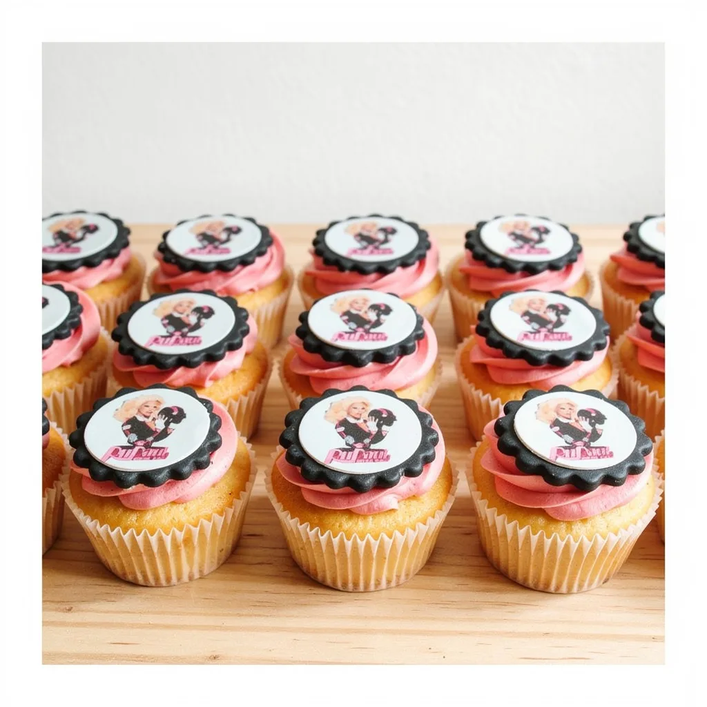 Cupcakes with pink frosting topped with edible images on scalloped black fondant