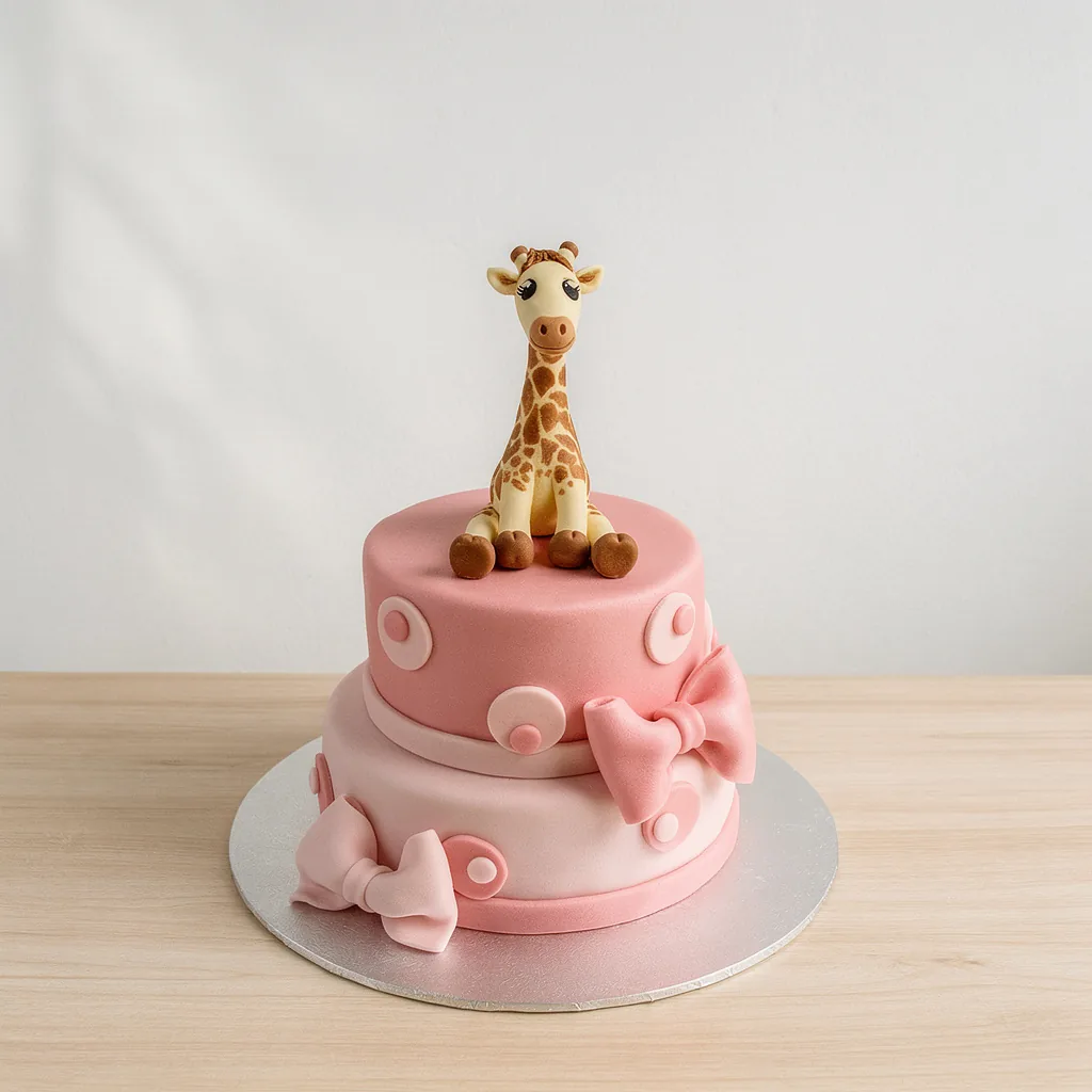 Two-tier pink cake decorated with bows and circles, topped with a cute giraffe figurine