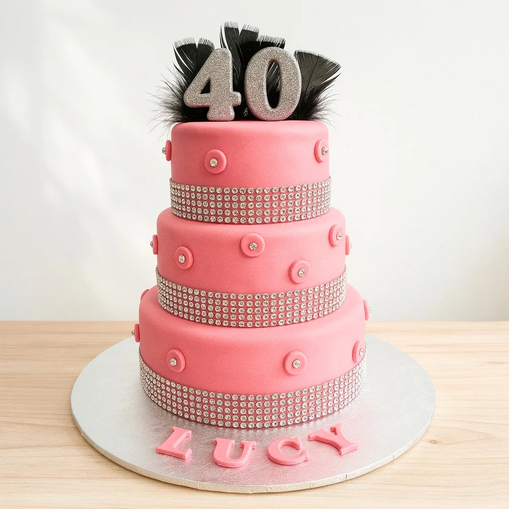 Three-tier pink birthday cake with rhinestone bands, black feathers, and silver 40 topper