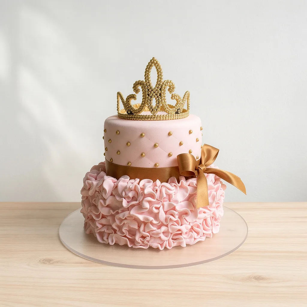 Two-tier pink cake with gold pearl detailing, satin bow, and golden crown topper