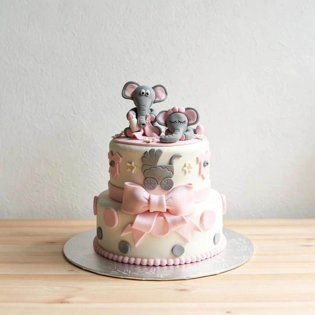 Two-tiered baby shower cake with pink and grey elephant toppers, baby carriage, and bow decorations