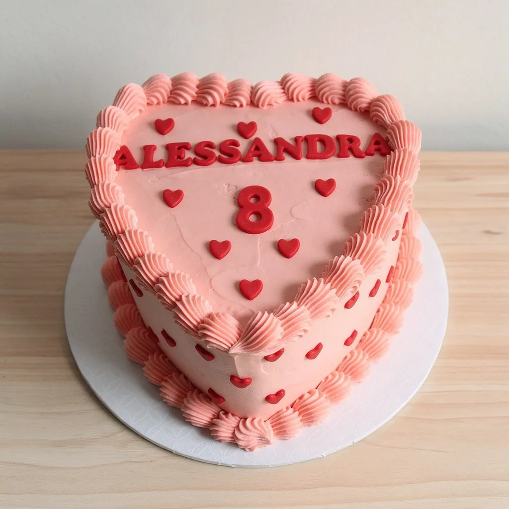 Heart-shaped pink birthday cake decorated with red hearts and red lettering.