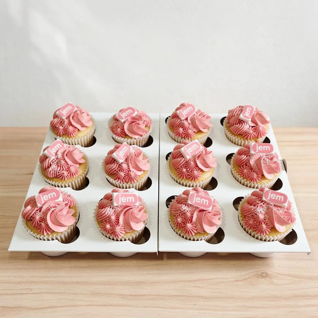 Twelve vanilla cupcakes with pink swirled frosting and small square toppers with 'jem' text