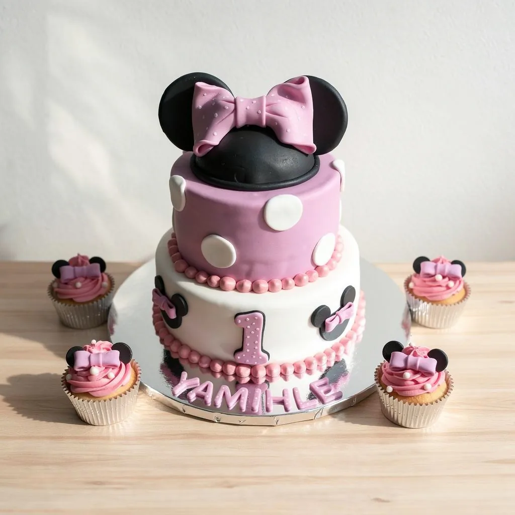 Two tier pink and white birthday cake with large black mouse ears topped with a pink bow and matching cupcakes.