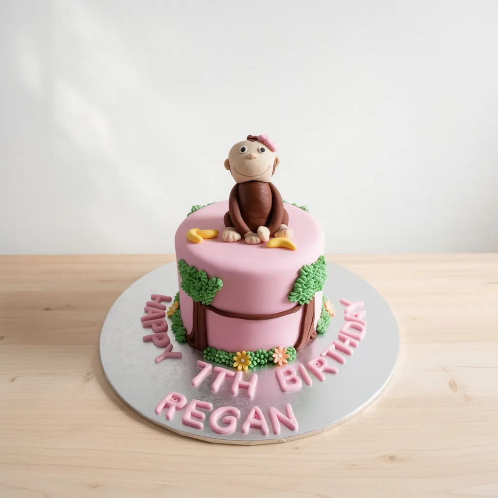 Small pink birthday cake with a brown monkey figure and banana decorations