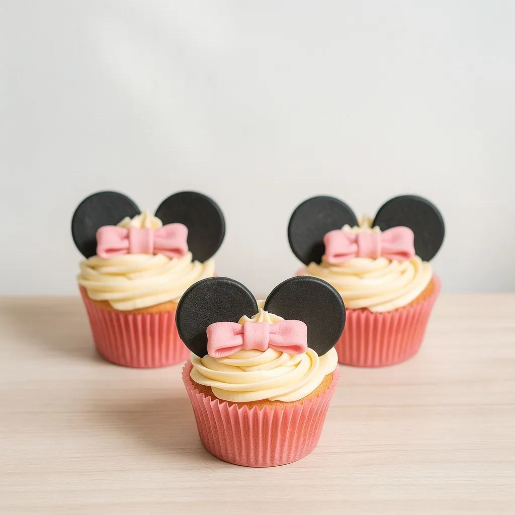 Three cupcakes with pink wrappers, creamy swirl frosting, black fondant ears, and pink bows on top