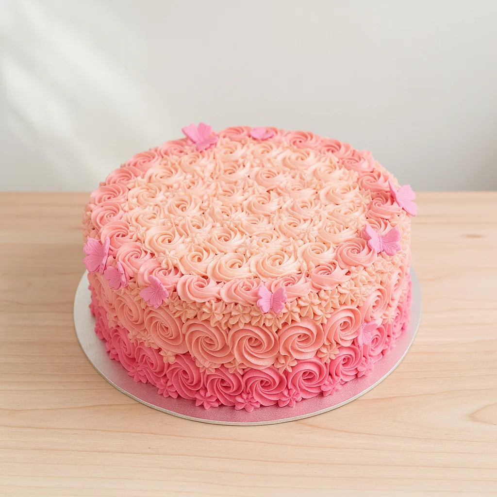 Round pink ombre buttercream cake decorated with rosettes and pink fondant butterflies