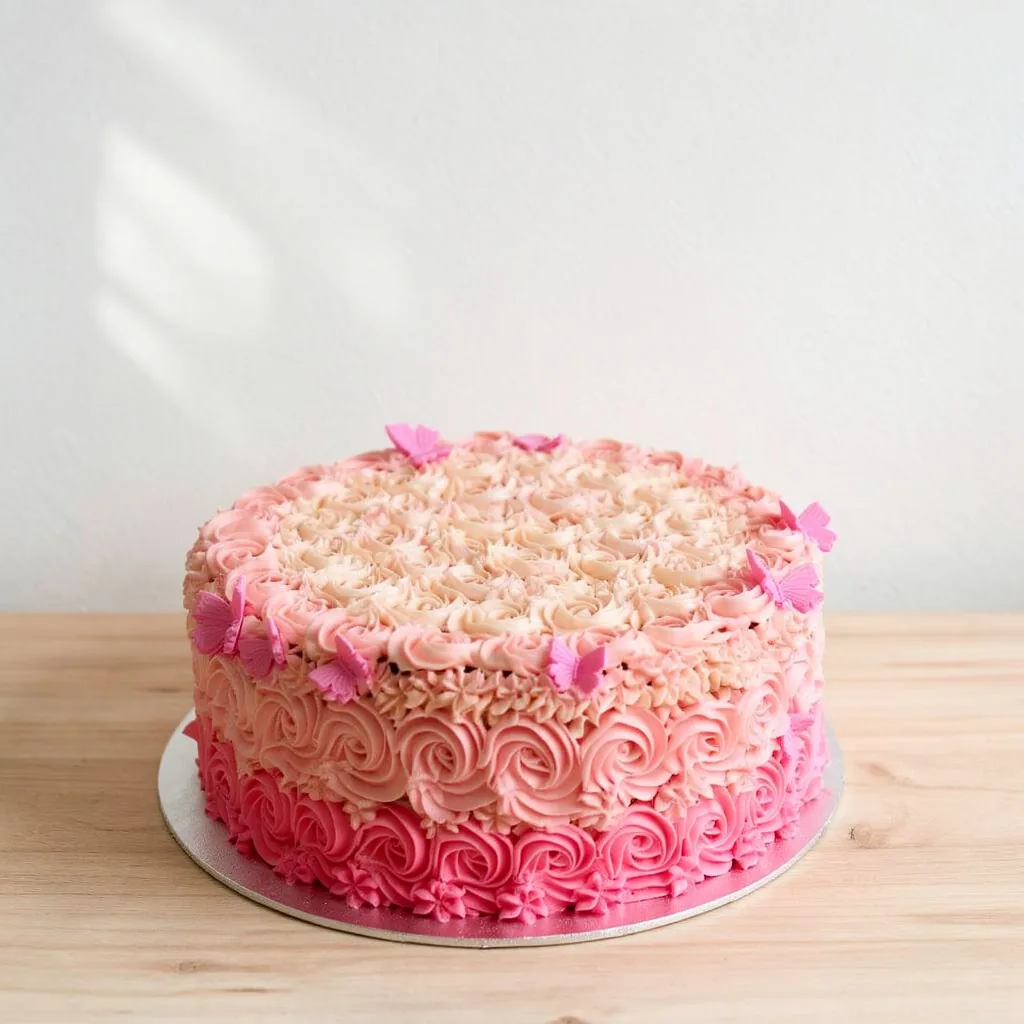 Round cake with ombre pink buttercream rosette frosting and pink butterfly decorations