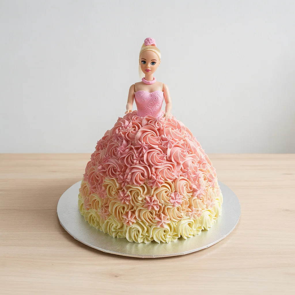 Doll cake with a dress-shaped ombre pink and cream buttercream swirl skirt and a doll figure wearing matching pink dress top