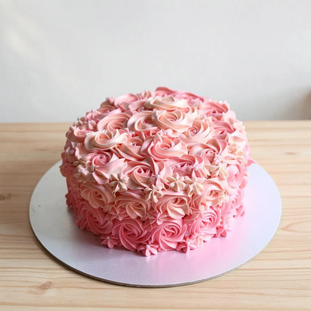 Round cake decorated with pink ombre buttercream rosettes and small white pearl accents