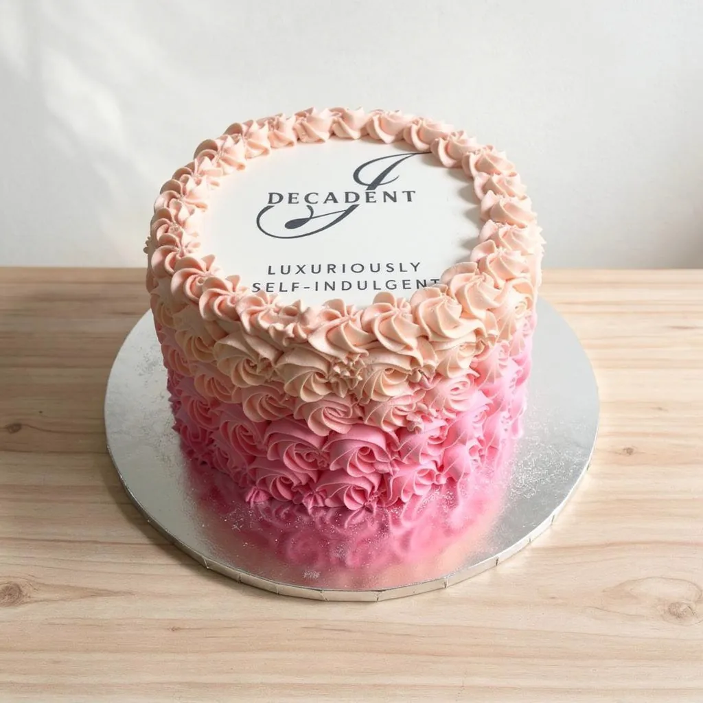 Round cake with pink ombre rose buttercream and edible logo on top