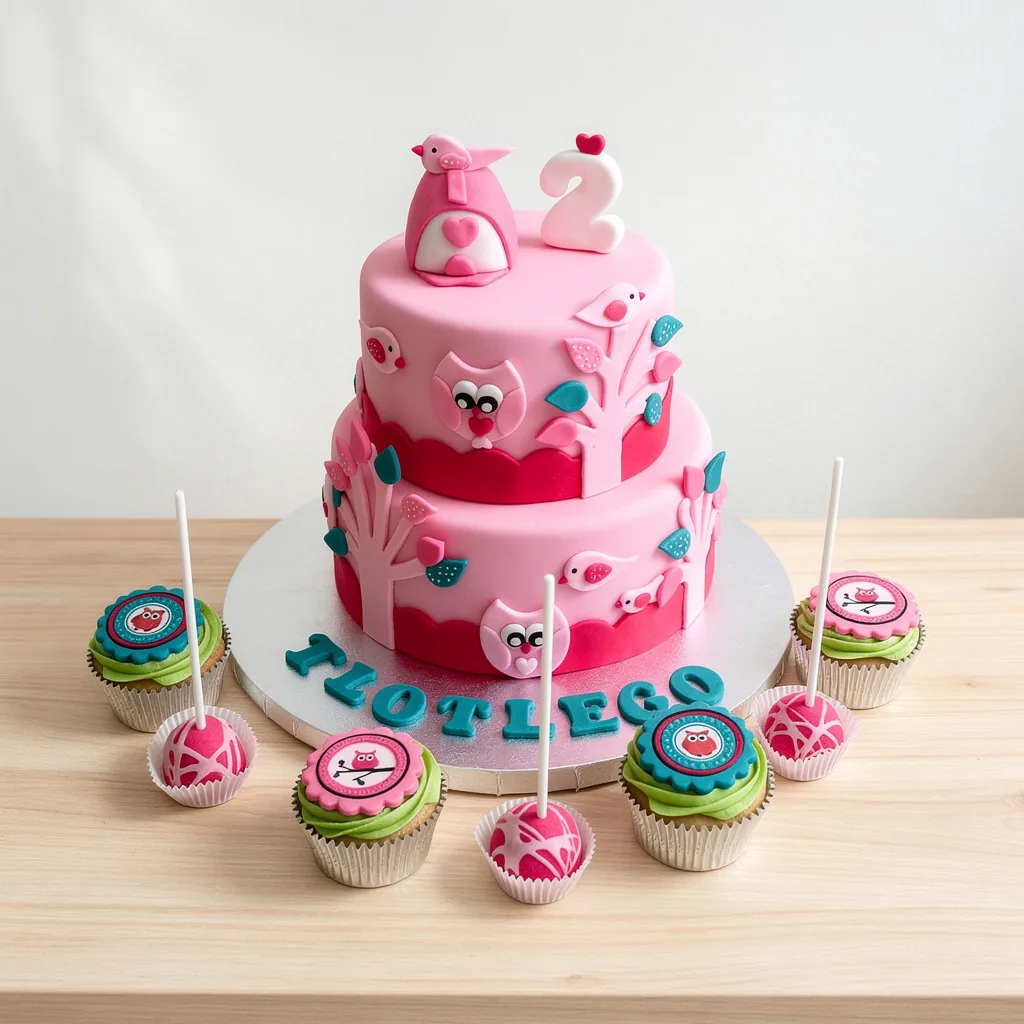Two-tier pink fondant cake decorated with owls, birds, trees and a number 2 topper with matching cupcakes and cake pops