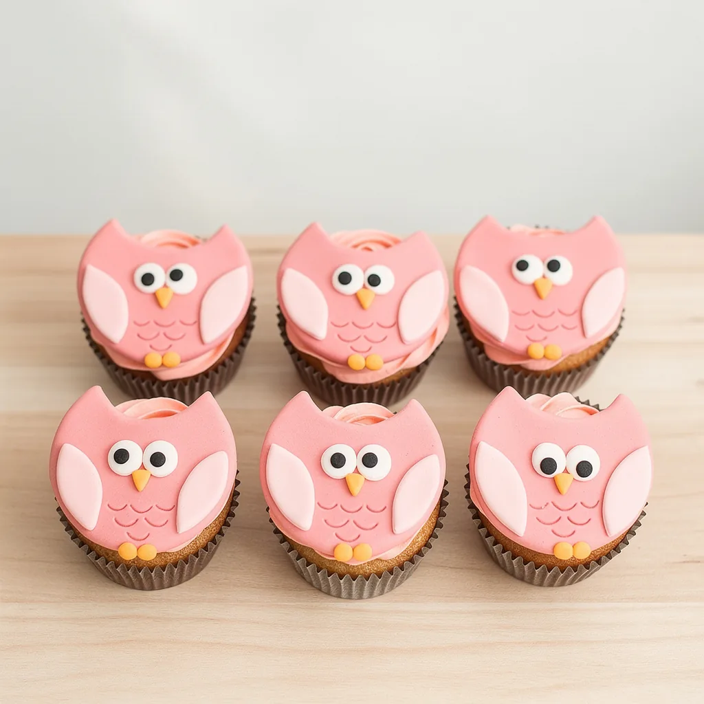 Six pink owl-themed cupcakes with large eyes and wings on a wooden surface