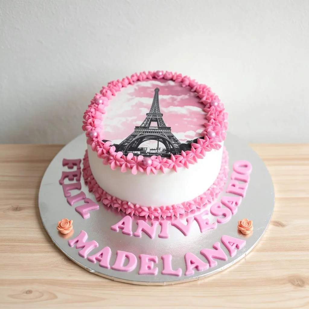 Round white anniversary cake with pink frosting border and Eiffel Tower image on top