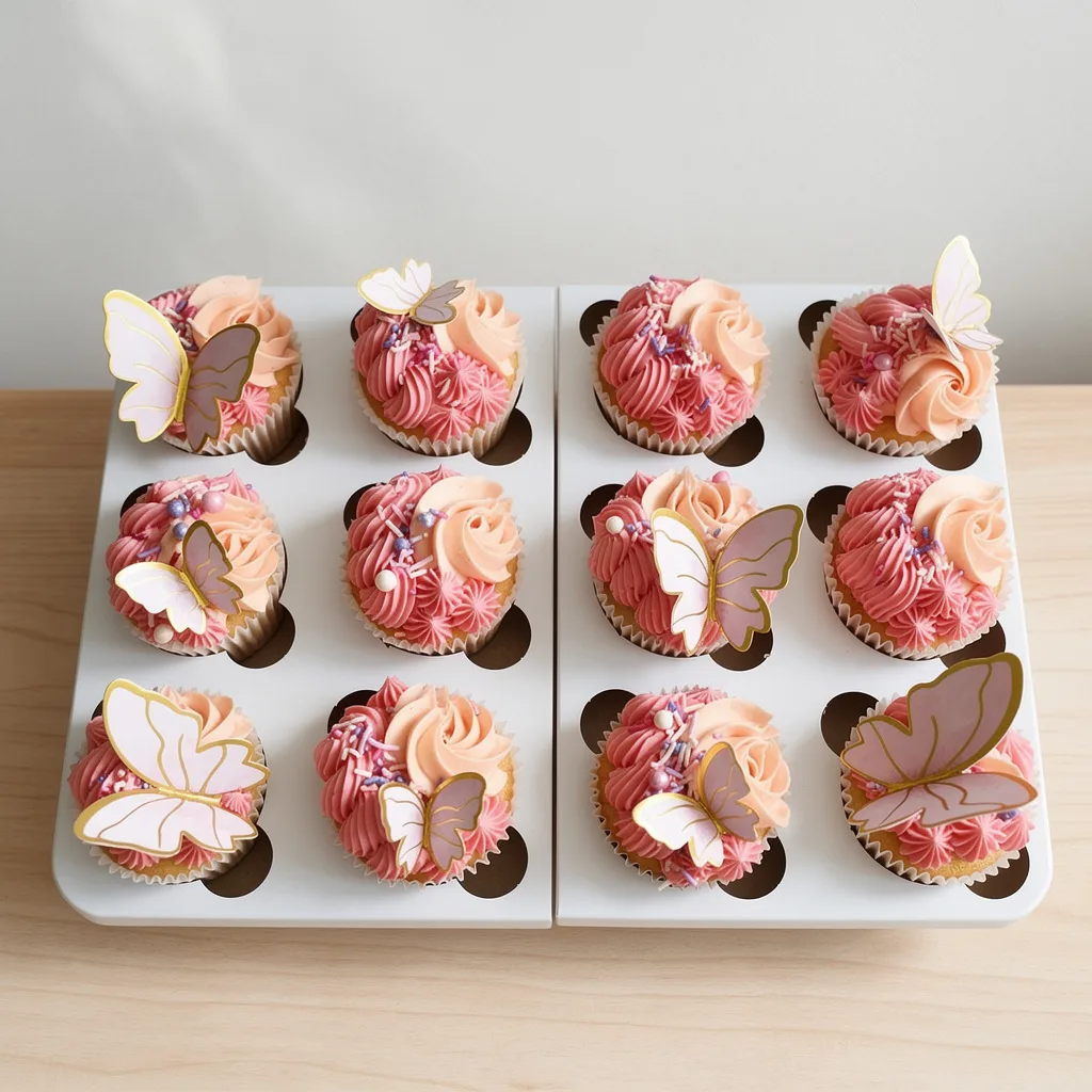 Twelve cupcakes with pink and peach swirled frosting topped with edible butterfly decorations