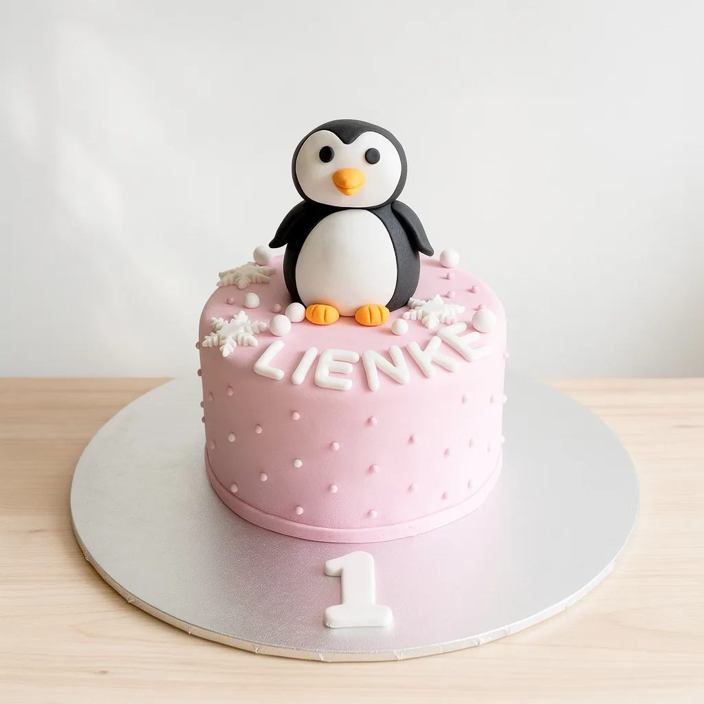 Pink cake decorated with a fondant penguin, white snowflakes and a number one on the board