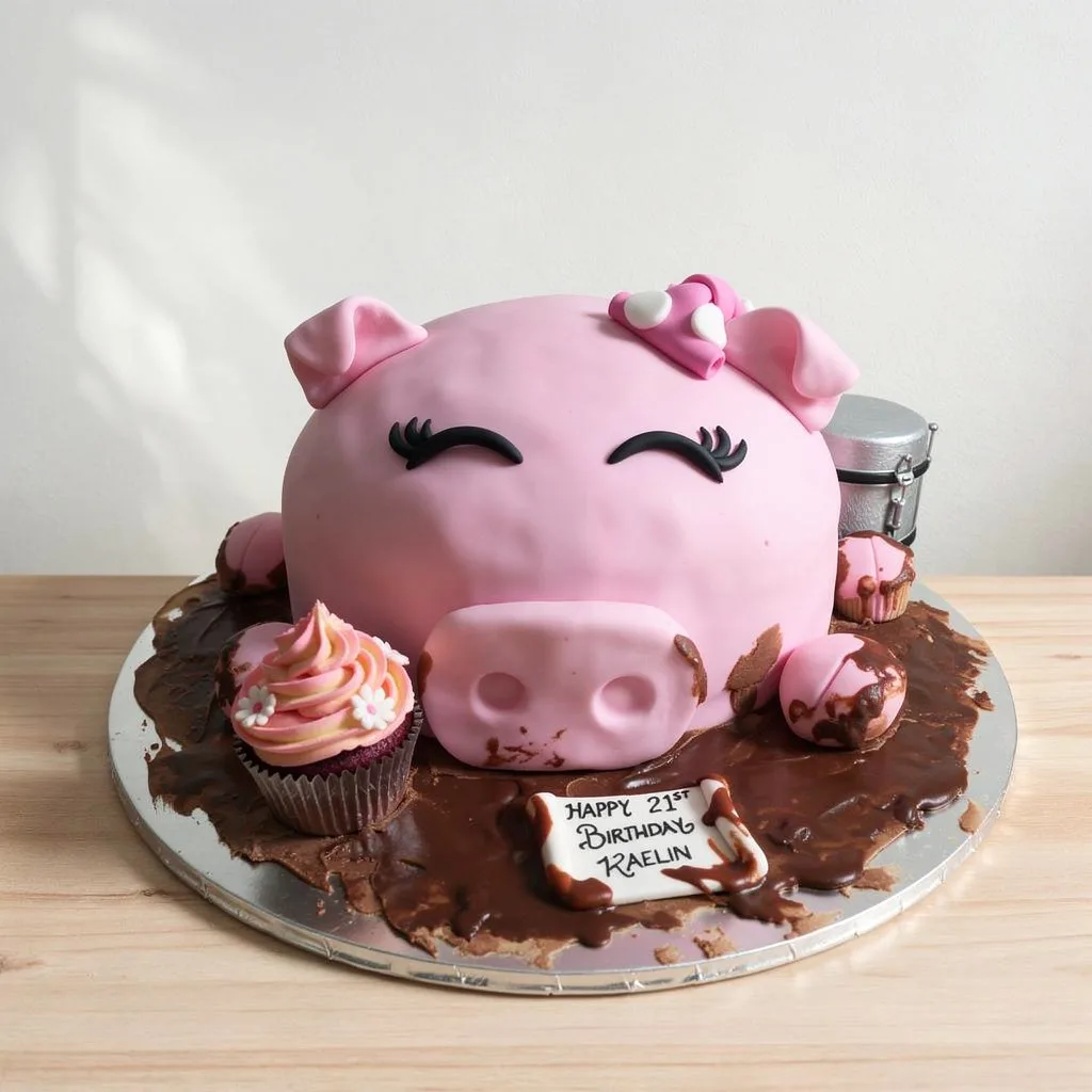 Pink pig-shaped cake with closed eyes, a bow, and cupcakes on a chocolate-covered base