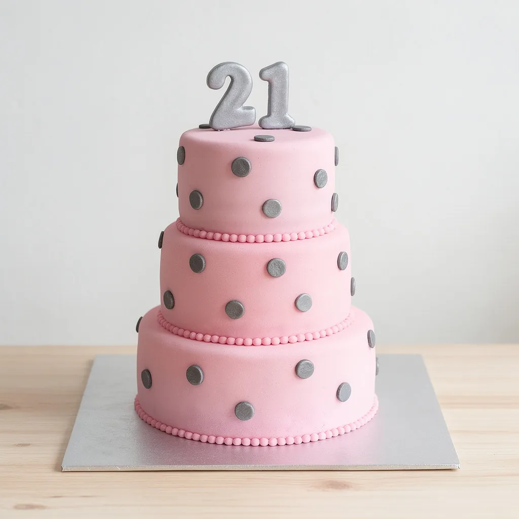 Three-tier pink cake with silver polka dots and silver number 21 topper