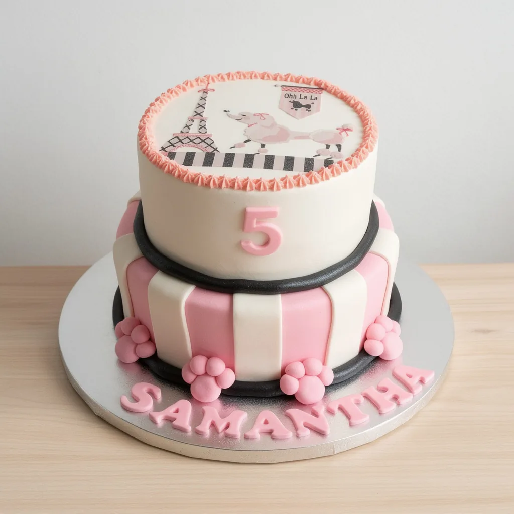 Two-tier pink and white birthday cake with poodle and Eiffel Tower design