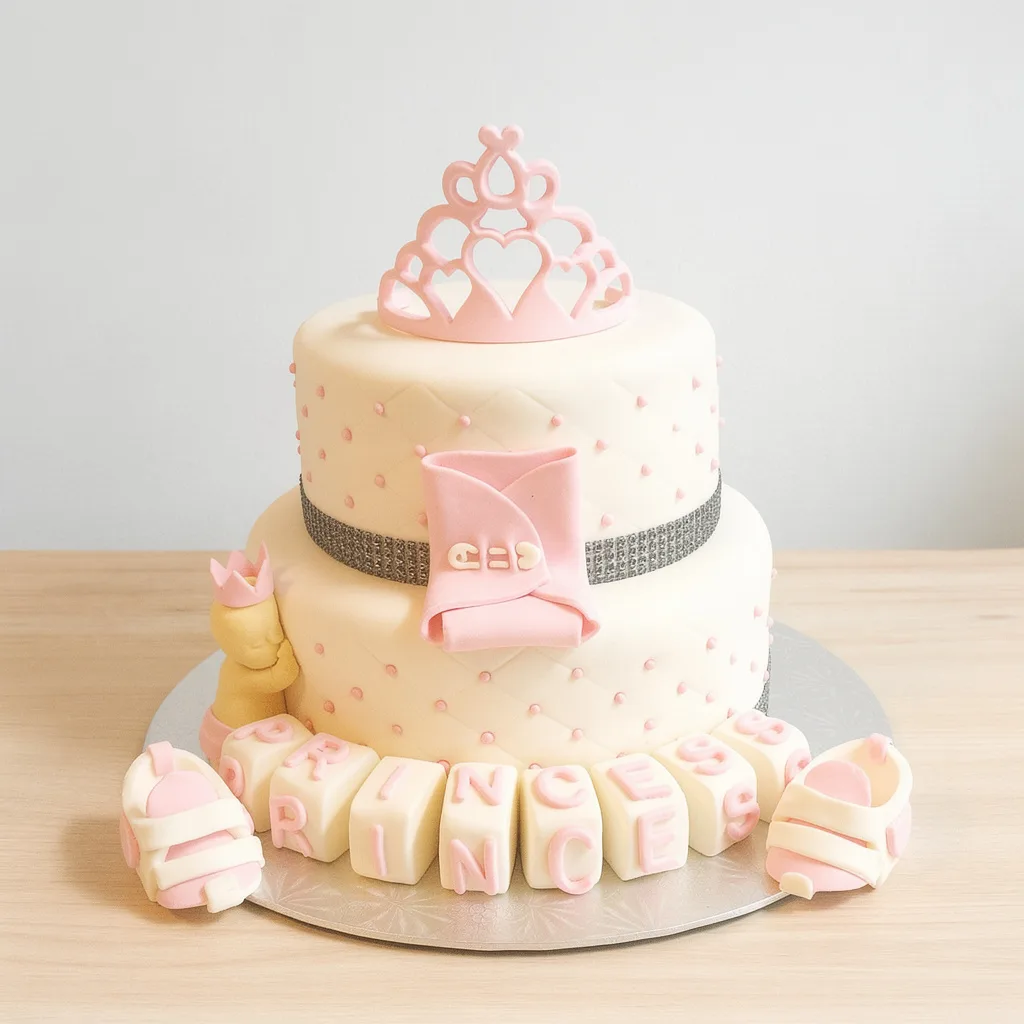 Two-tier white cake decorated with pink dots, a pink crown topper, baby blocks spelling 'princess', and baby shoes.