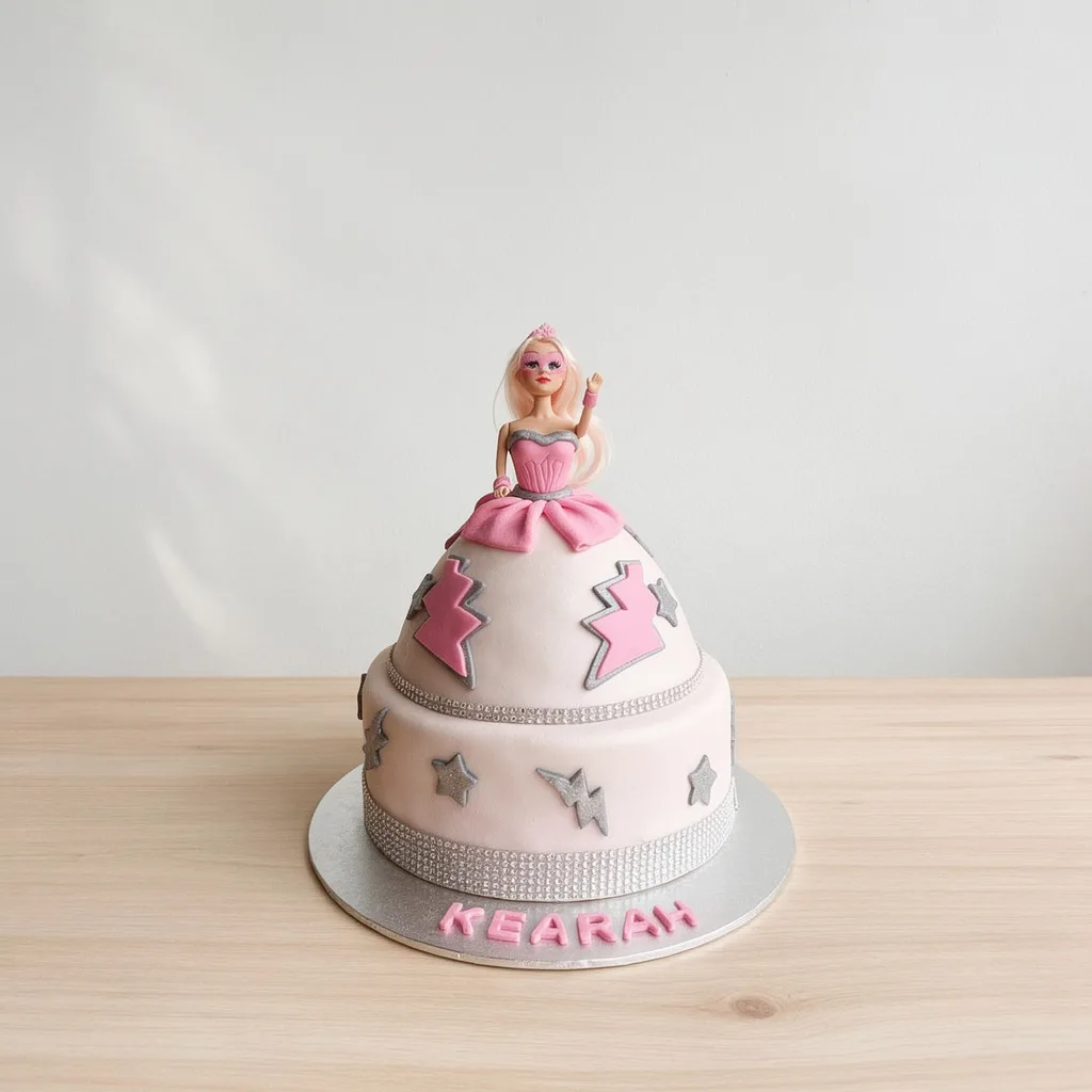 Two-tier pink doll cake with lightning and star decorations and a doll topper wearing pink dress